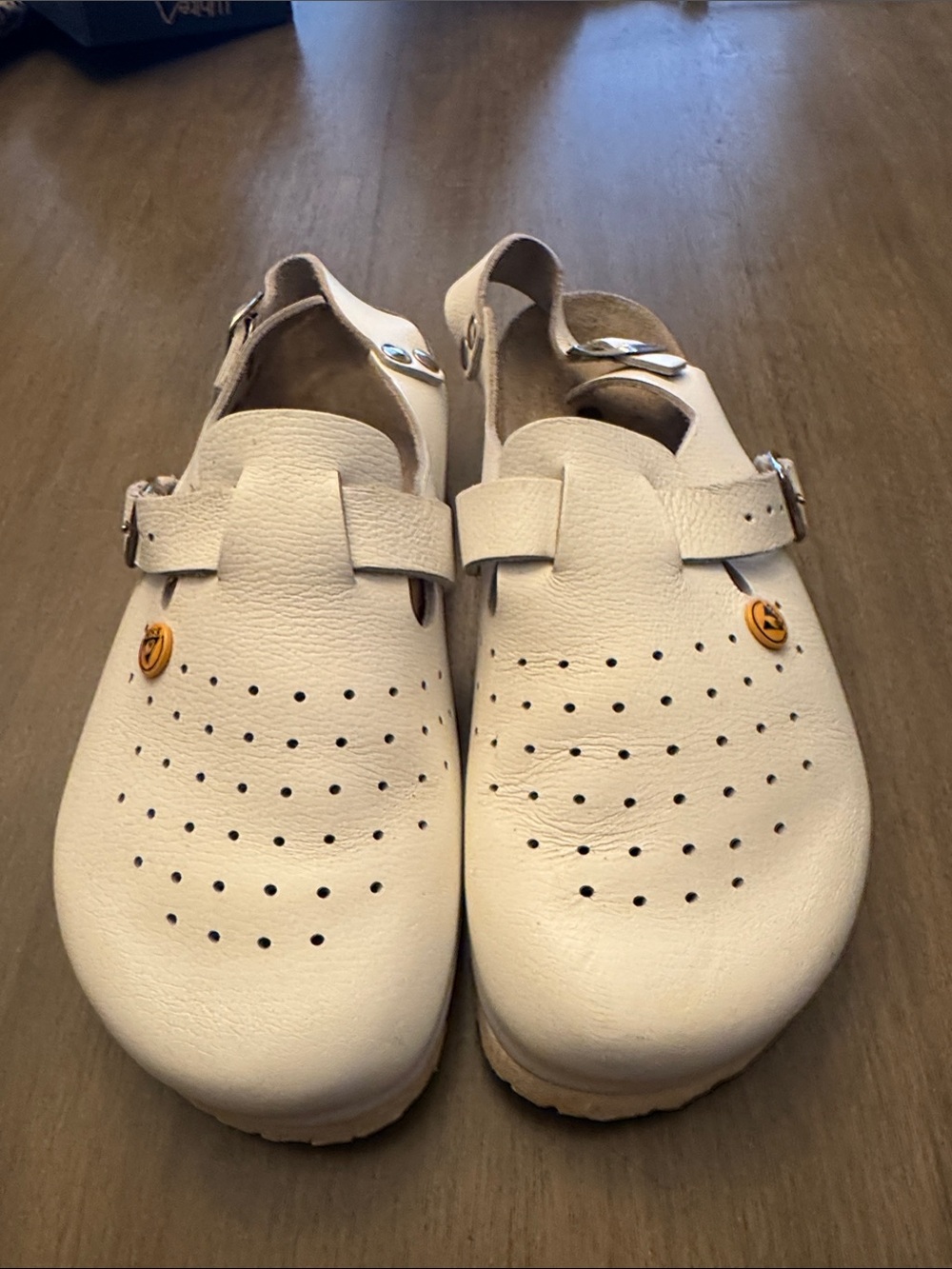 Men's White Perforated Leather Clog Sandals with Adjustable Strap